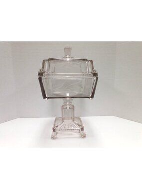 Antique Adams & CO Etched Square Glass Compote Dish
